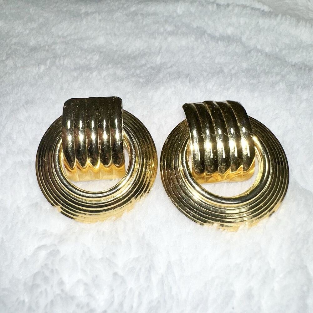 Vintage Polished Gold Tone Door Knocker Clip on Earrings